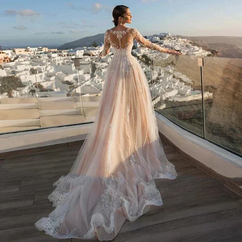 MACDUGAL Wedding Dress 2023 Luxury Sexy Lace Self-Cultivation Detachable Train Elegant Long Sleeves Button Vestido De Novia (ZD14270)
