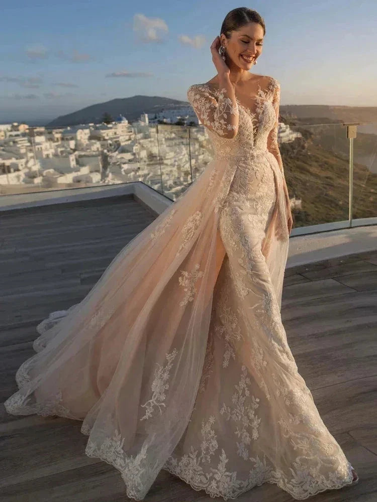 MACDUGAL Wedding Dress 2023 Luxury Sexy Lace Self-Cultivation Detachable Train Elegant Long Sleeves Button Vestido De Novia (ZD14270)