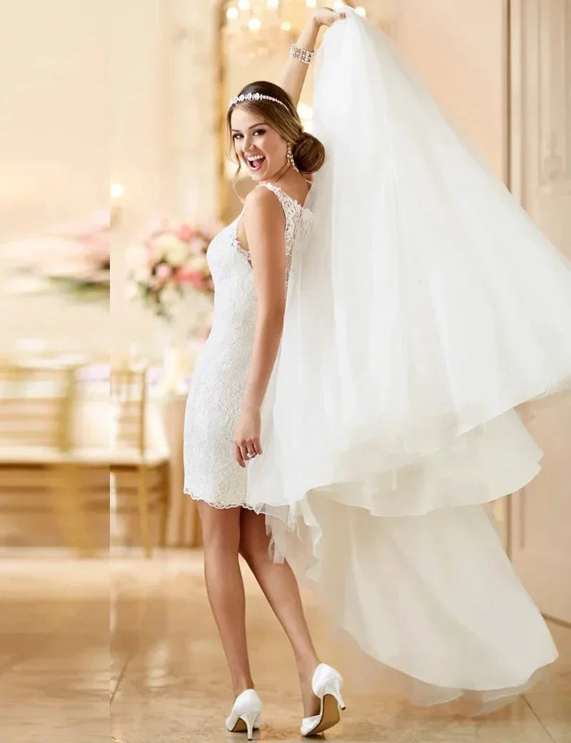 MANRAY Beach Wedding Dress With Detachable Skirt See Through Back Bridal Gowns Lace Appliques Sleeveless Vestidos De Mariee (ZD13334)