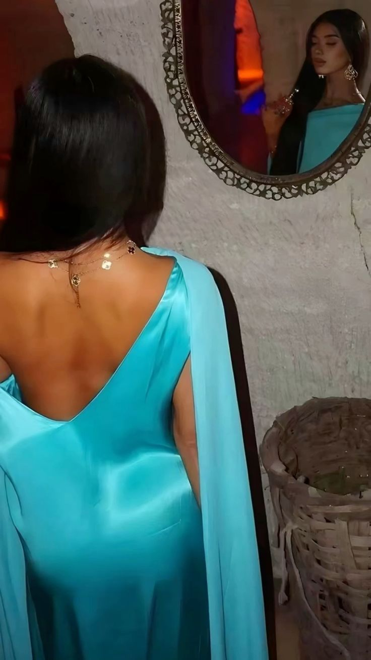 Chic Blue Satin Chiffon Long Party Dress Formal Prom Dress - View 3 | VelvetHem