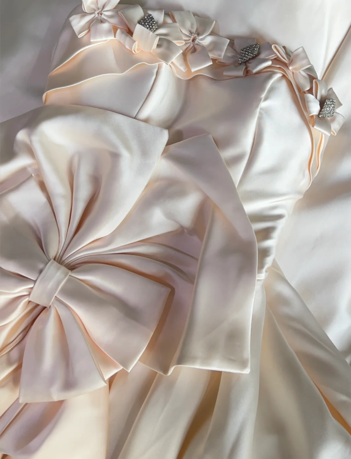 Cute Strapless Bow Satin Long Birthday Party Dress Evening Dress - View 4 | VelvetHem