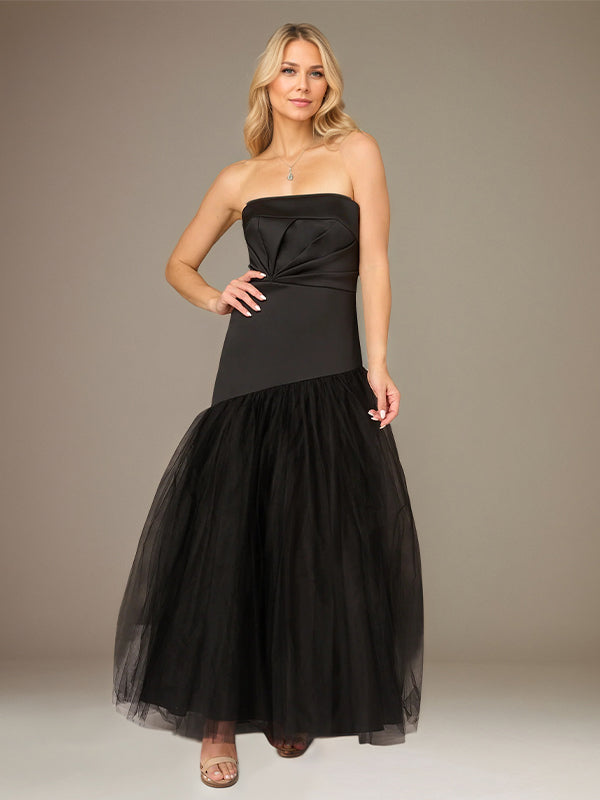 Black A Line Stretch Crepe Off the Shoulder Sleeveless Floor Length Dress With Tulle - VelvetHem
