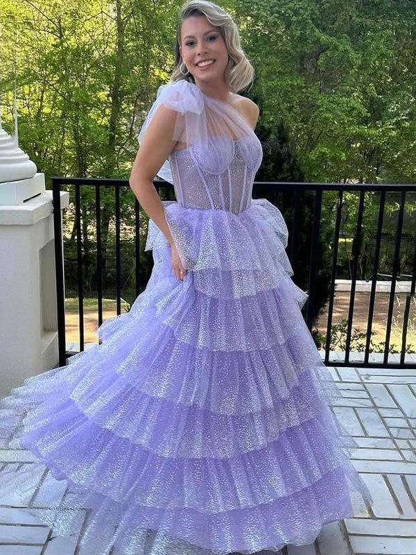 Lilac A Line One Shoulder Tiered Tulle Long Prom Dress - VelvetHem