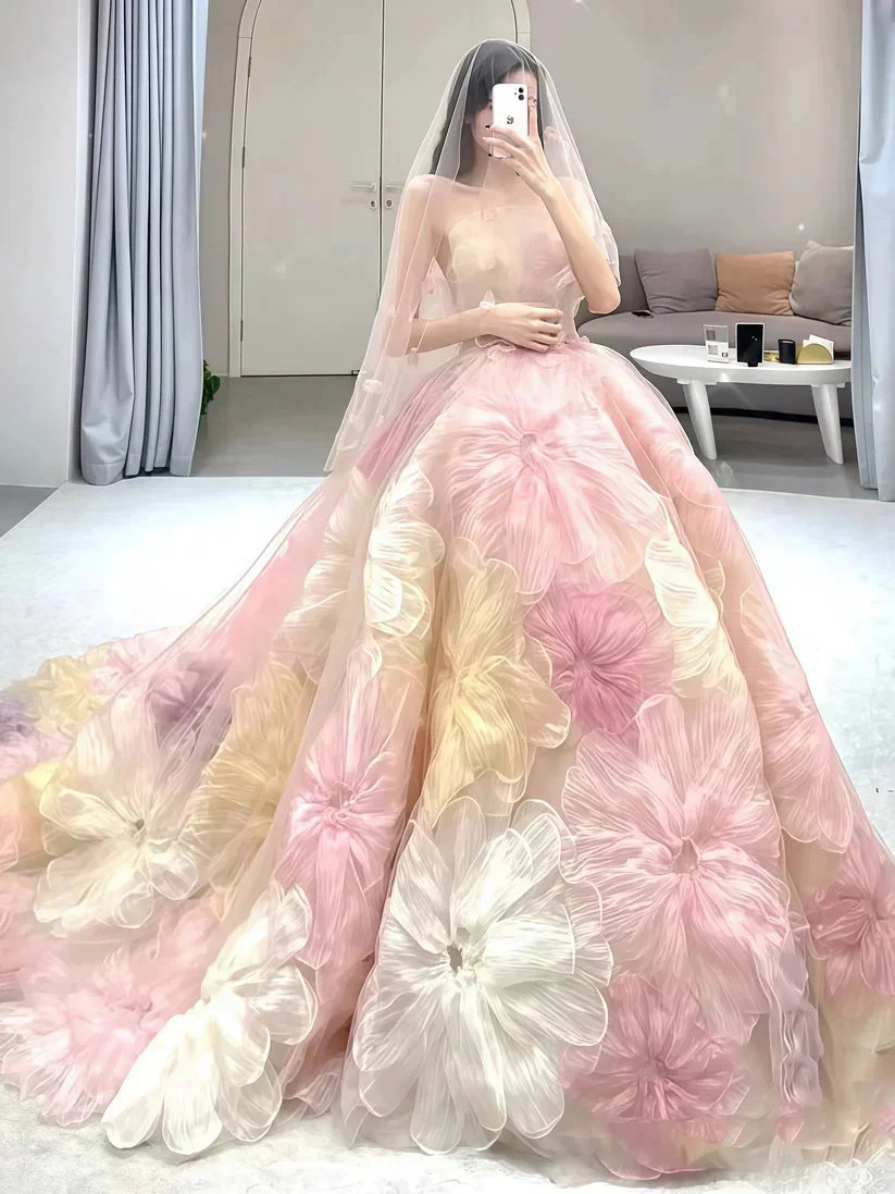 Dream Princess Floral Ball Gown, Strapless A-line Evening Prom Dress,Wedding Dress (ZD13743) - VelvetHem
