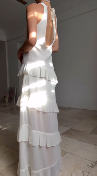 Classy White V Neck Ruffles Party Evening Dress,Formal Prom Dress - View 4 | VelvetHem
