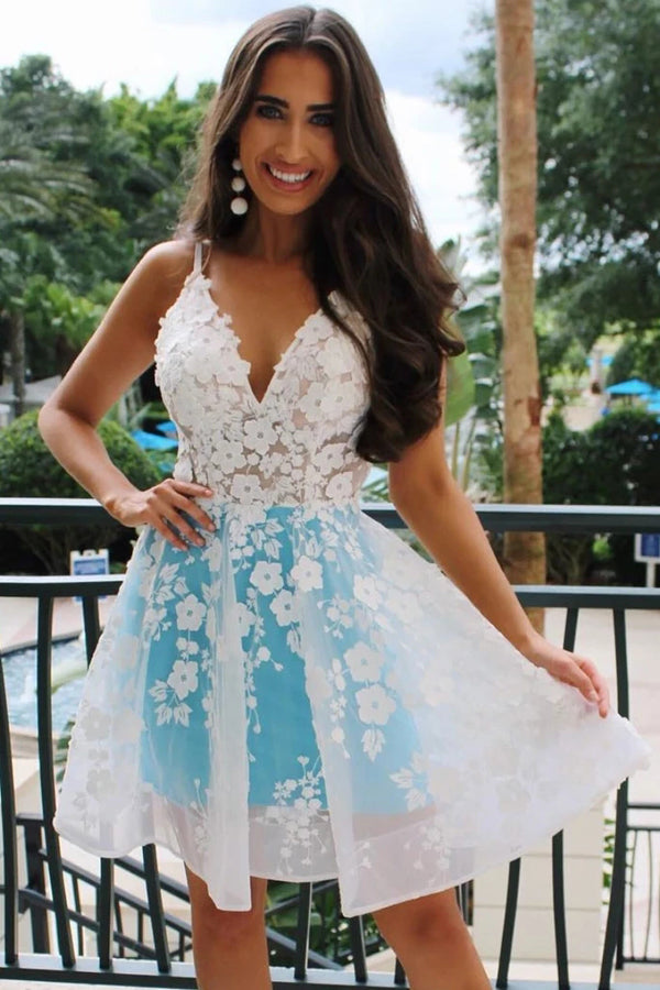 Spaghetti Straps Blue Applique Short Prom Dresses Homecoming Dresses - VelvetHem