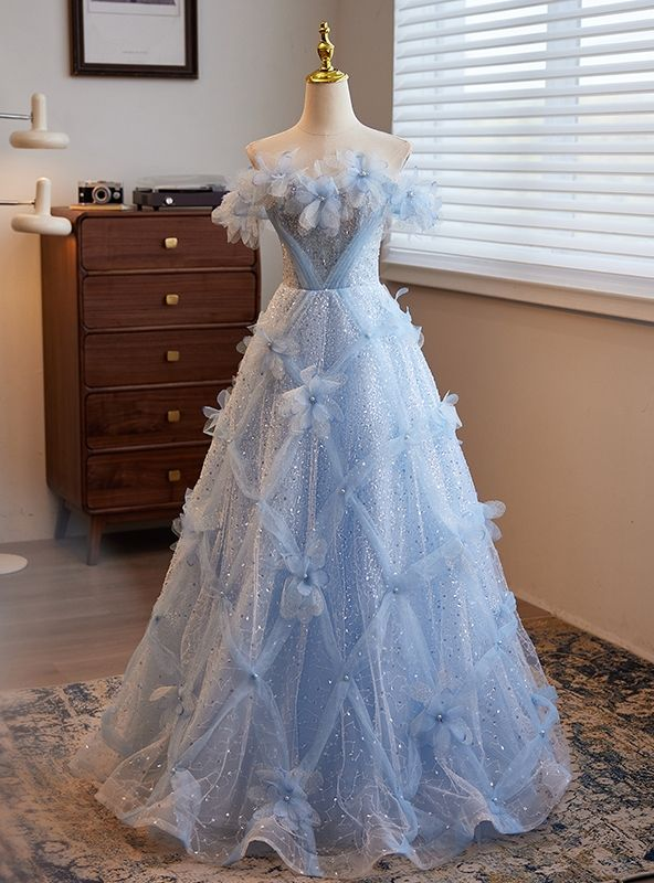Fairy Blue Sequins Tulle Off the Shoulder 3D Flower Prom Dress Ball Gown - VelvetHem