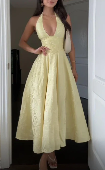 Deep V Neck Yellow Satin Print Floral Party Evening Gown Halter Prom Dress - VelvetHem