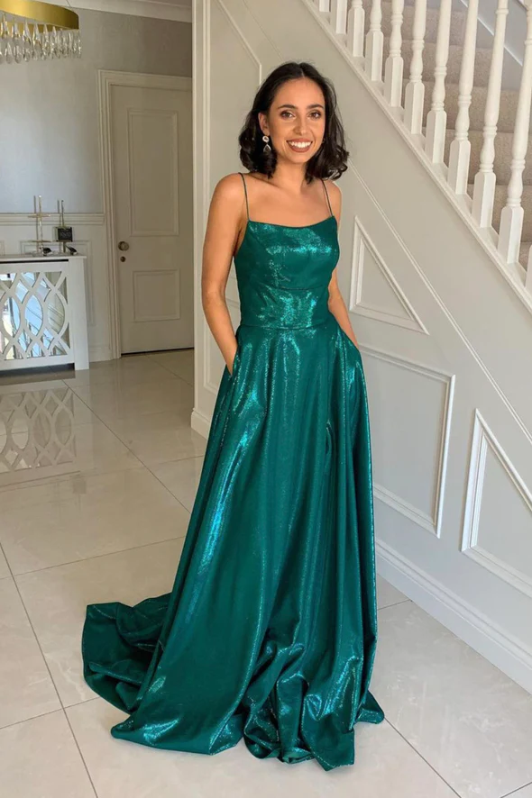 Green satin long prom dress A line evening dress Y243 - VelvetHem