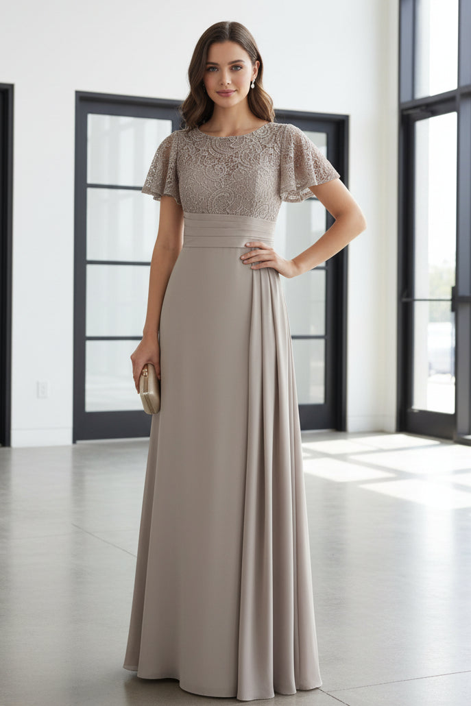 Scoop Stretch Satin Mother of the Bride Dresses Lace Floor-Length Short Sleeves