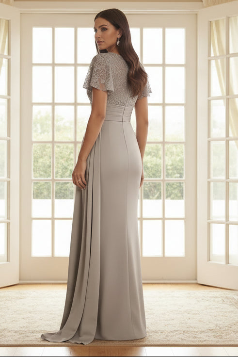 Scoop Stretch Satin Mother of the Bride Dresses Lace Floor-Length Short Sleeves
