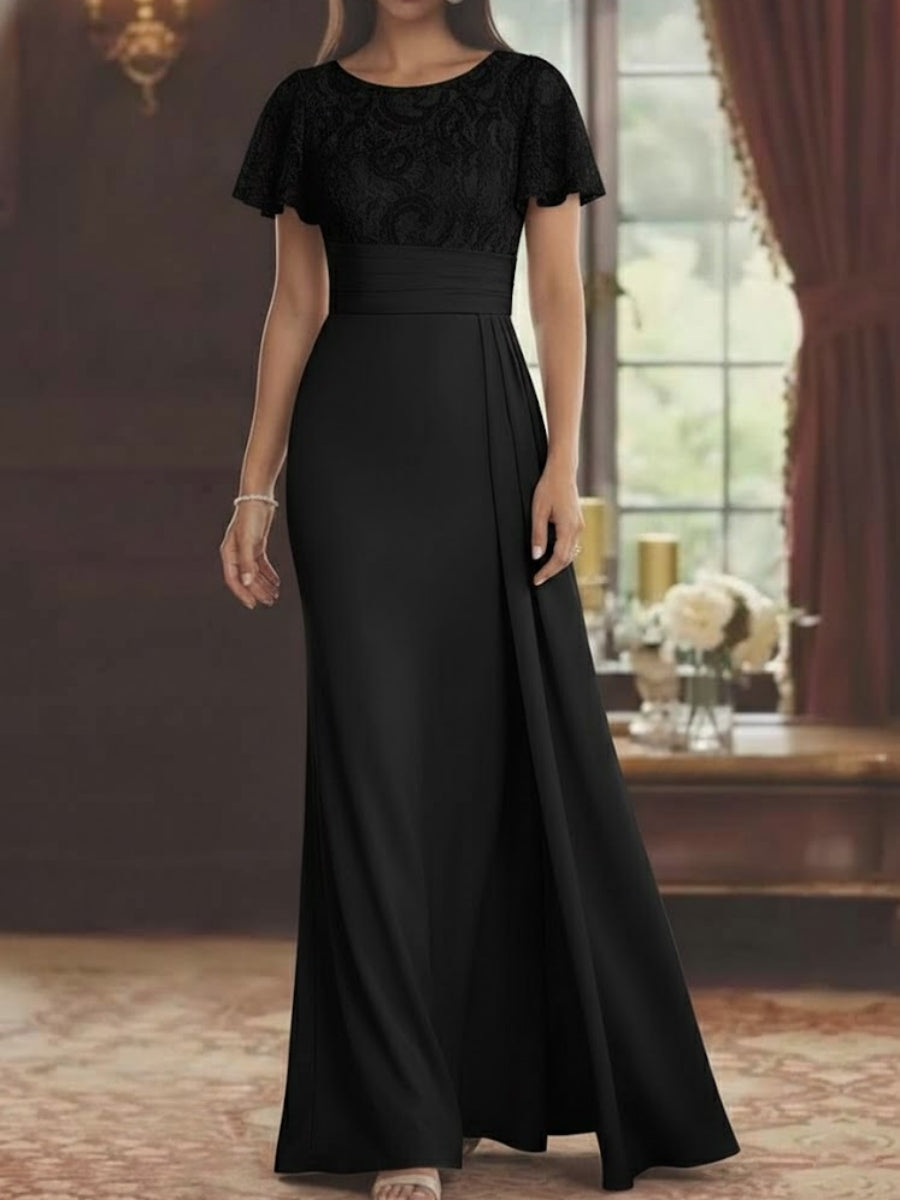 Scoop Stretch Satin Mother of the Bride Dresses Lace Floor-Length Short Sleeves