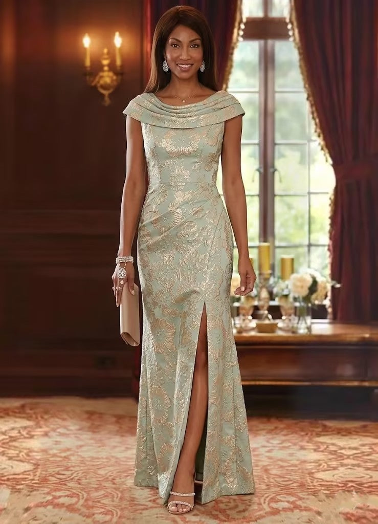 Elegant Floral Floor-Length Sleeveless Sheath Cowl Neck Mother of the Bride Dresses