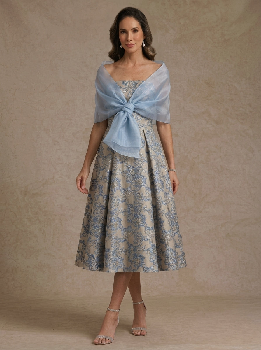 Sleeveles Strapless Tea Length Mother of the Bride Dresses with Wrap Floral
