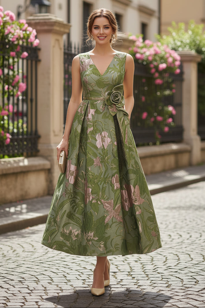 A-Line Cocktail Dresses with 3D Flower Tea-Length Sleeveless Floral Dresses