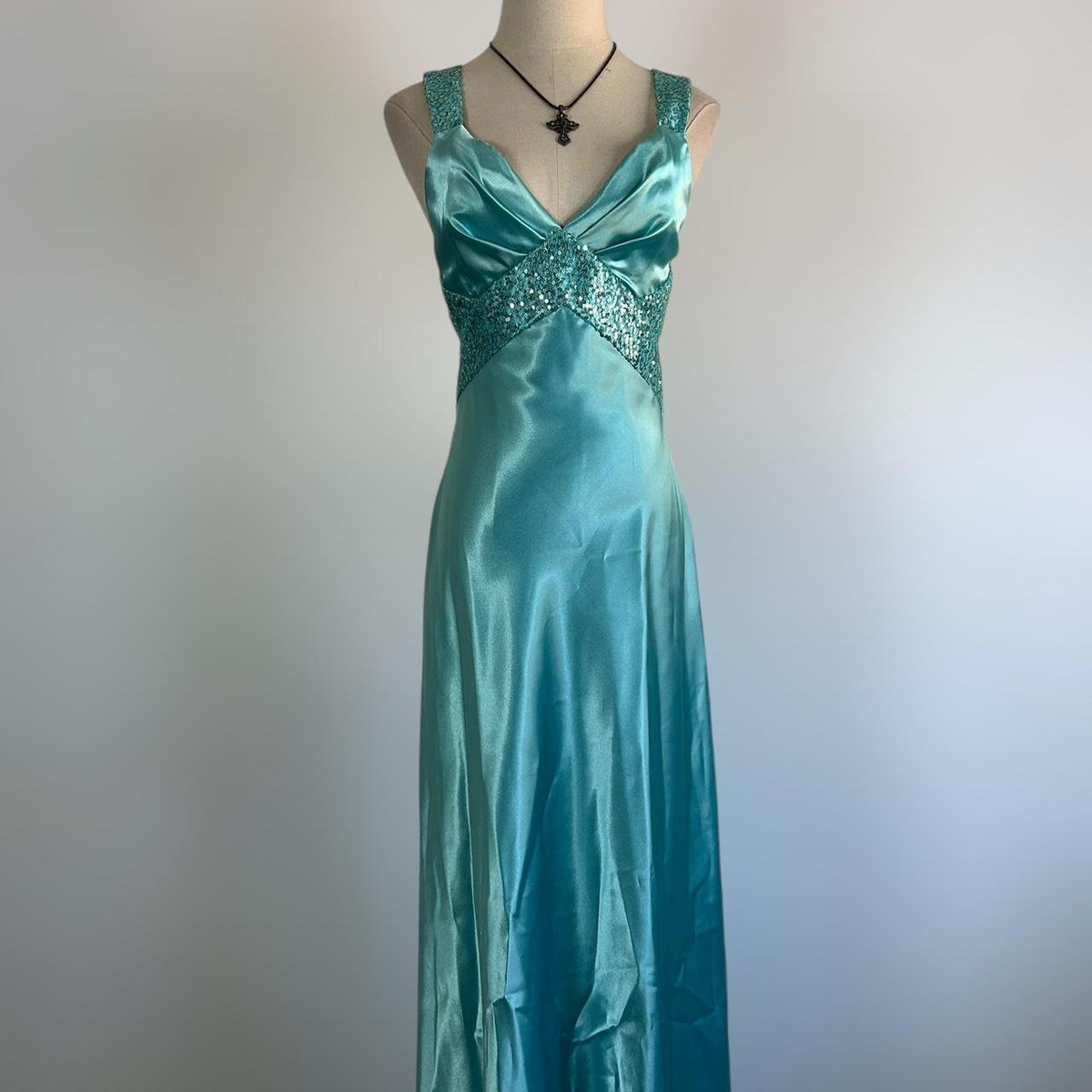 Gorgeous Blue Satin Sequins Backless Party Prom Dress,Formal Evening Dress - VelvetHem