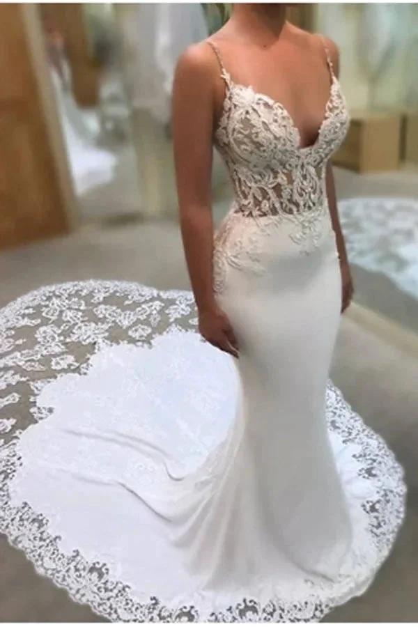 Glamorous Spaghetti-Straps Lace Wedding Dress Mermaid Bridal Gowns (ZD14008) - VelvetHem
