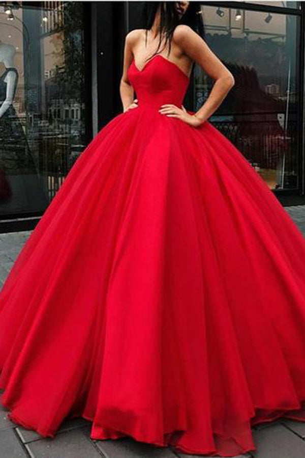 Sweetheart Lace-up Ball Gown Floor-length Red Long Big Prom Dress - VelvetHem