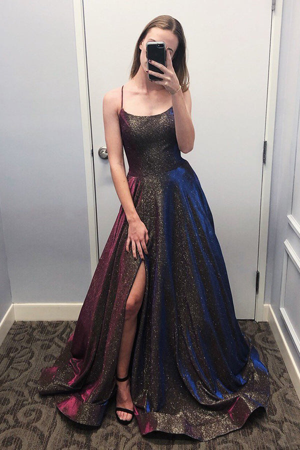 Sparkly Ball Gown Scoop Spaghetti Straps Slit Prom Dresses, Unique Party Dresses with Pockets - VelvetHem