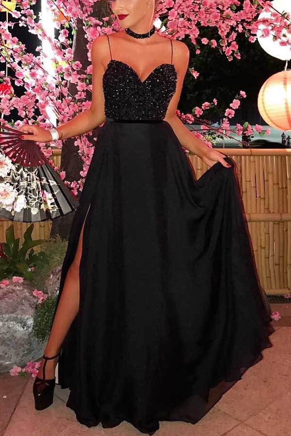 Spaghetti Straps Black Long Prom Dresses Beading Evening Dresses Split - VelvetHem