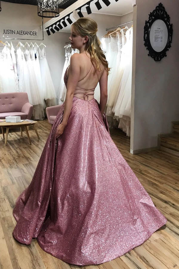 Sparkle A-line Scoop Spaghetti Straps Sweep Train Prom Dress with Pockets