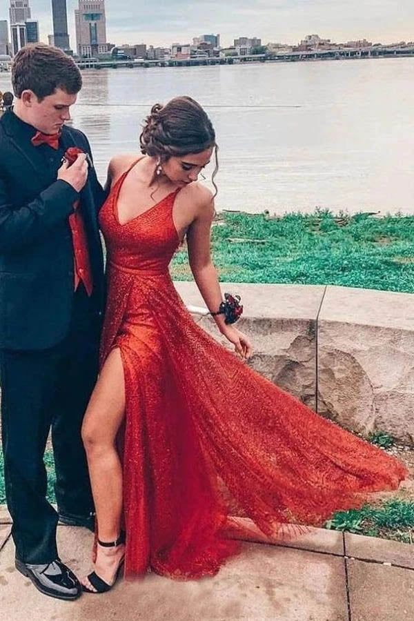 Sparkly V-neck Backless A-line Red Long Prom/Formal Dress With Split - VelvetHem