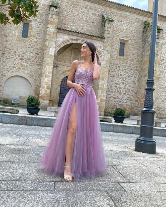 A Line Tulle Purple Formal Evening Dresses Long Front Split Prom Dresses - View 2 | VelvetHem