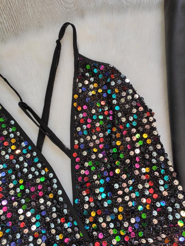Black shiny multi colored evening short sexy mini dress neckline sequins party dress cc63 - View 3 | VelvetHem