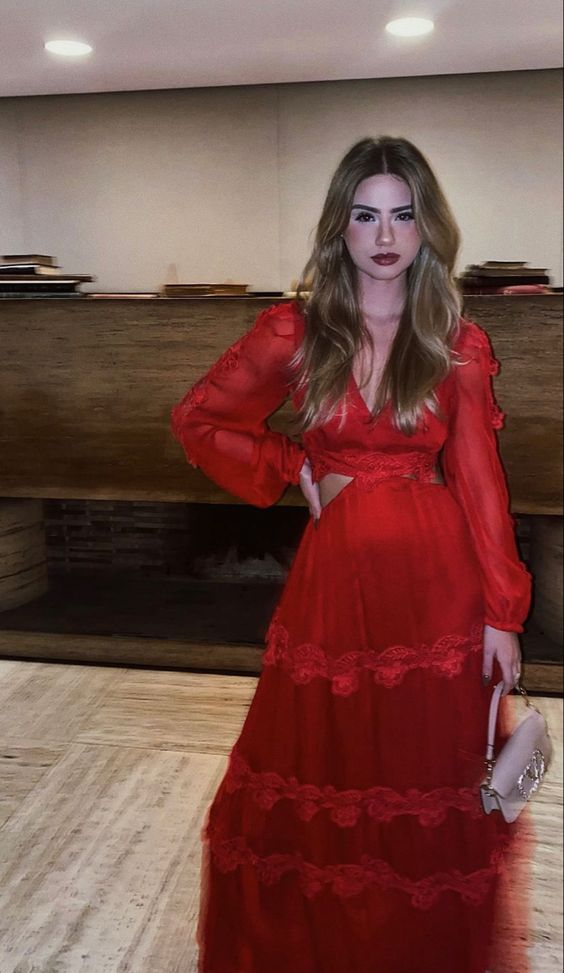 Red Long Sleeves A-line Prom Dress Red Evening Dress Y6141 - VelvetHem