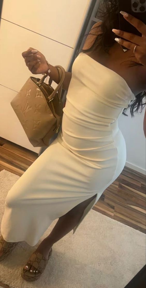 Classy White Strapless Sheath Prom Dress With Split - VelvetHem