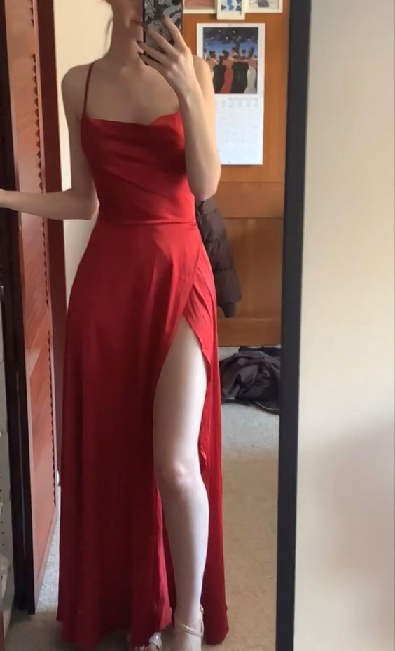 Simple Red Satin Spaghetti Straps Long Prom Dress - VelvetHem