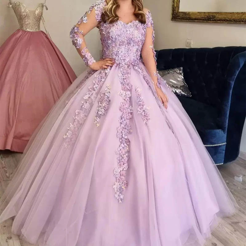 Lilac Ball Gown 3D Floral Lace Applique Long Sleeve Special Occasion Dress Sweet 16 Dress cc43 - VelvetHem