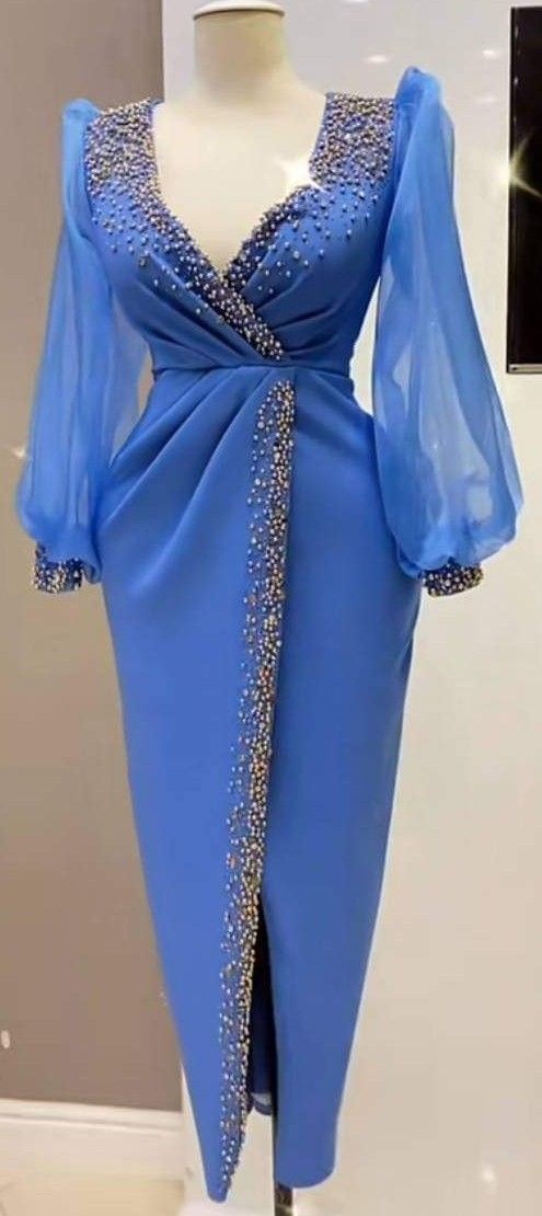 Retro Style Blue Lantern Sleeves Prom Dress Classy Blue Evening Dress Y5680 - VelvetHem