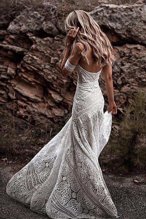 Sweetheart Neck Lace Beach Ivory Rustic Boho Wedding Dresses (ZD13997)