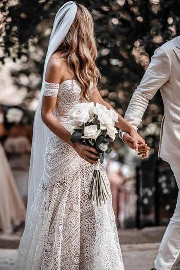 Sweetheart Neck Lace Beach Ivory Rustic Boho Wedding Dresses MW267 by Musebridals