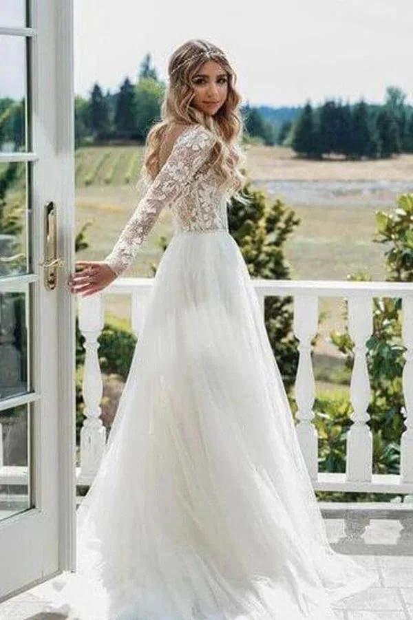 See Through Beaded Floral Lace Long Sleeve Boho Wedding Dresses (ZD14009) - VelvetHem