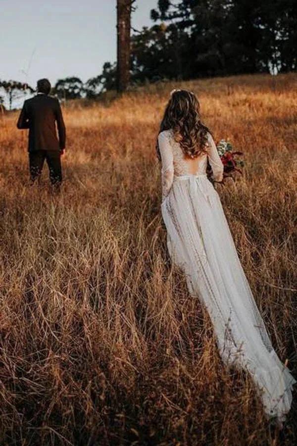 Lace Polka Dot Boho with Sleeves Bohemian Wedding Dress (ZD13994)