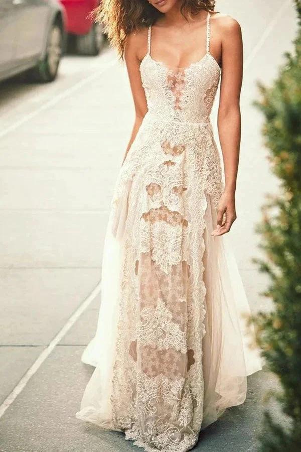 Cheap Spaghetti Straps Tulle Beach Wedding Dress Lace Appliques Bridal Dresses (ZD14007) - VelvetHem