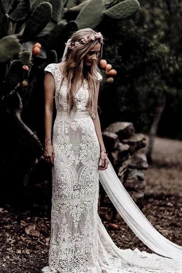 Cap Sleeve Sheath Boho Wedding Dresses Vintage Lace Rustic Wedding Dress (ZD13995) - VelvetHem