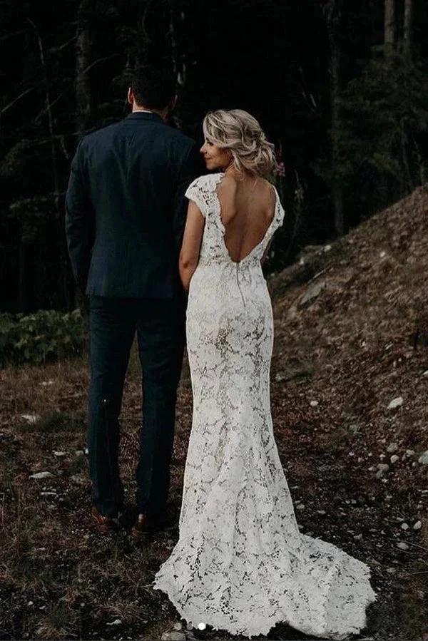 Charming Mermaid Lace Ivory Cap Sleeves Wedding Dresses Bridal Dresses MW481 by Musebridals