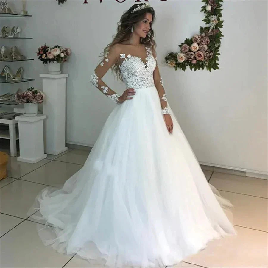 MYYBLE Illusion Scoop Long Sleeve Wedding Dresses Lace Appliques Sheer Back White/ Ivory Tulle Wedding Dress Lace Wedding Gowns by payinti