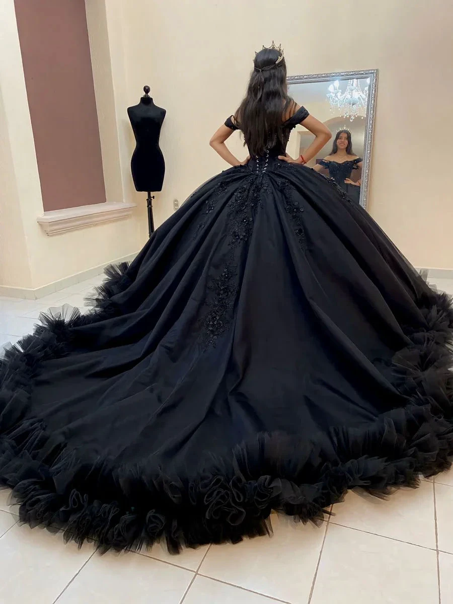 Ball Gown Black Quinceanera Dress Off the Shoulder Wedding Dress Gothic,Y2414 (ZD13631)