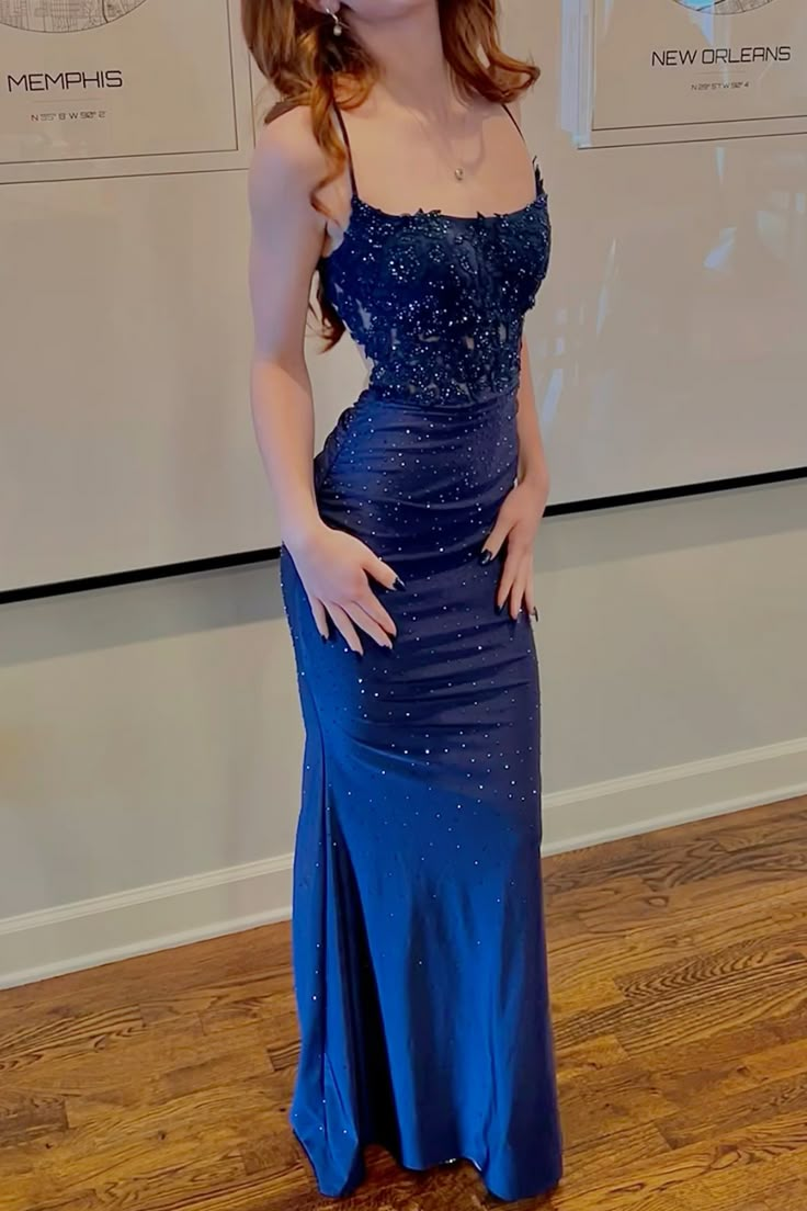 Spaghetti Straps Sequins Appliques Prom Dress Blue Satin Mermaid Evening Dress Y8147