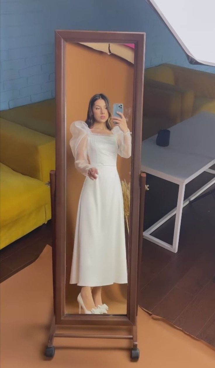 Chic White Square Neckline Satin Wedding Dress,Engagement Dress - VelvetHem