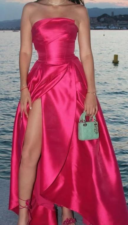 Stylish Hot Pink Strapless Satin A Line Slit Long Wedding Guest Dress Evening Dress