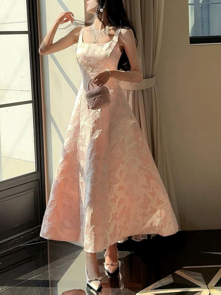 Chic Spaghetti Straps Pink Satin Print Prom Dress Evening Party Dress - VelvetHem