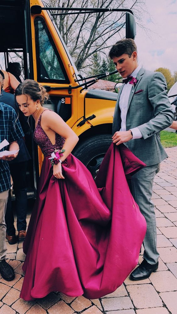 A-line V Neck Satin Long Prom Dress Charming Evening Dress - VelvetHem