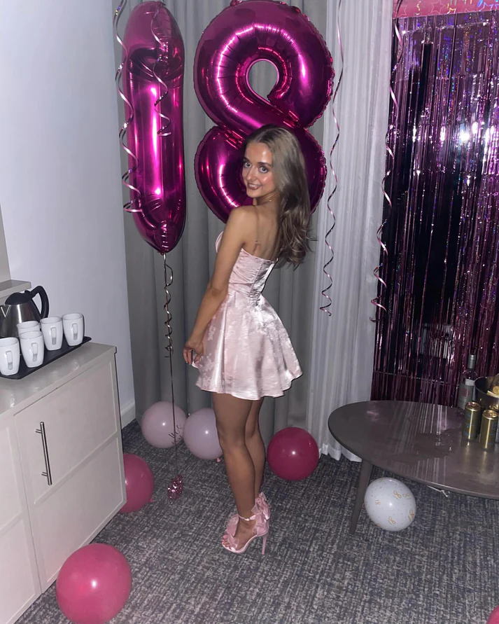 Sweet Pink Strapless Satin Print Short Prom Dress Homecoming Dress - View 2 | VelvetHem