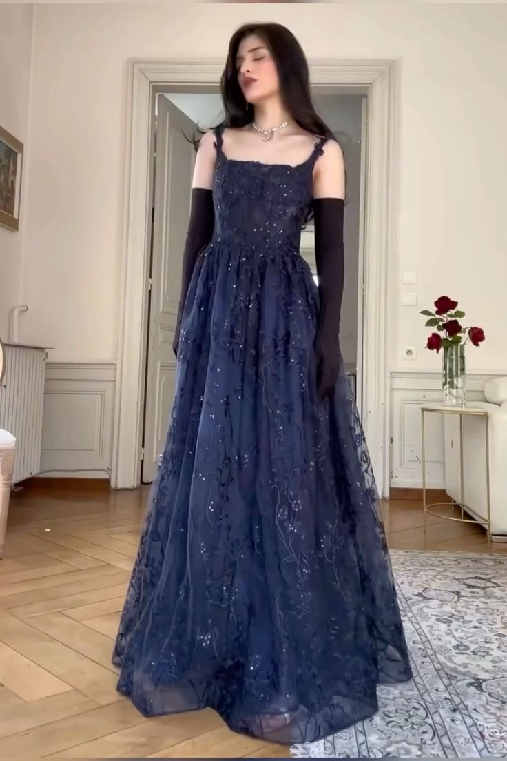 Navy Blue A Line Lace Appliques Prom Dress Elegant Evening Gown Y7830 - VelvetHem
