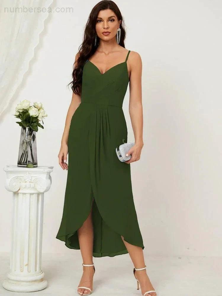 ZapDress Spaghetti Chiffon V Neck Bridesmaid Dress Mid-Length Slit Formal Prom Dress Homecoming Dress 2803 (ZD16952)